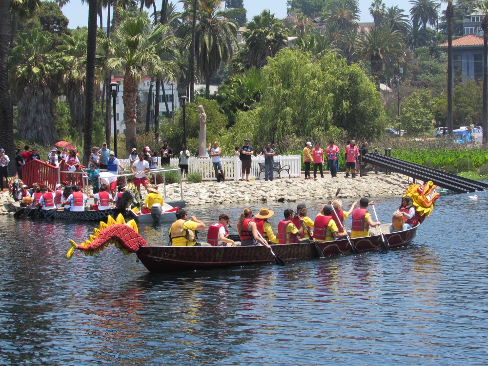 Dragon boat launching at the Echo Park Lotus Festival.