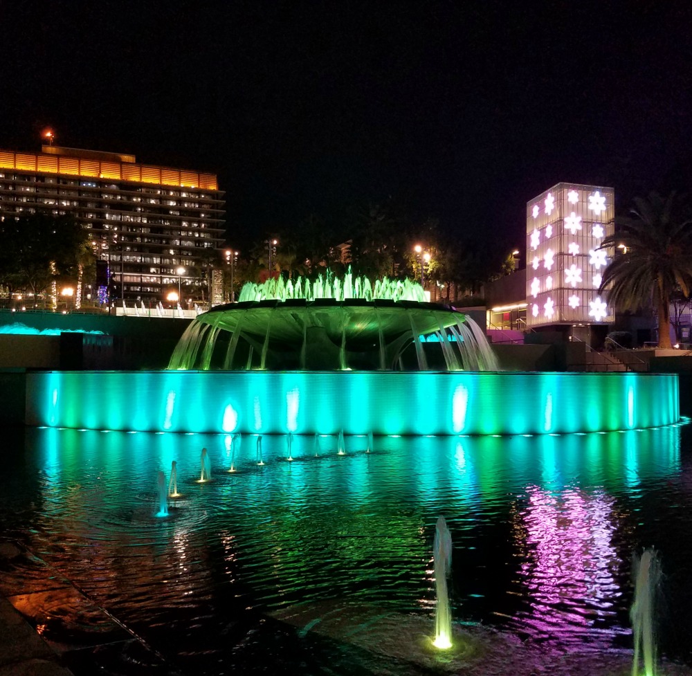 Grand Park Los Angeles lit up for the holidays.