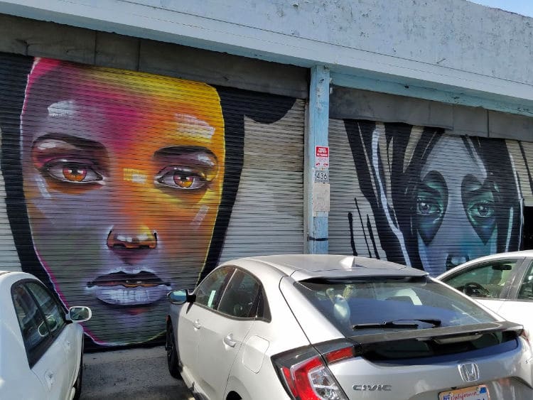 Garage Door art of women's faces DTLA.