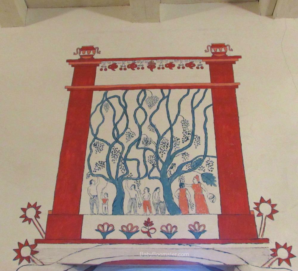 San Fernando Mission artwork depicting olive trees and grapevines