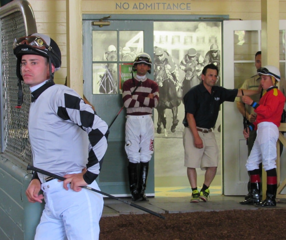 Jockeys waiting to race at the Jockey room.