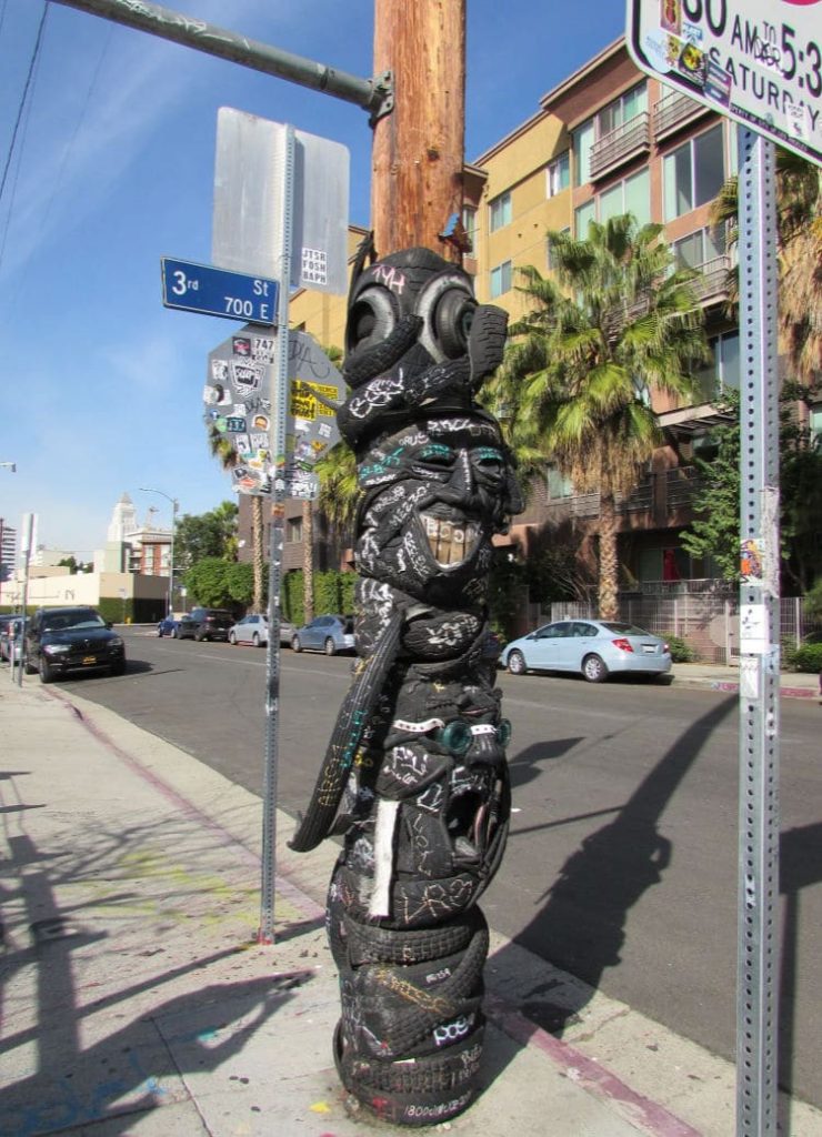 Tire Art on a telephone pole in DTLA.