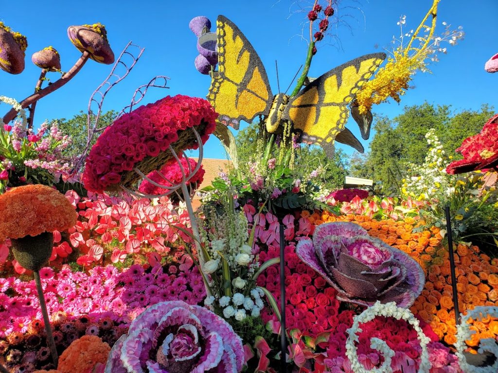 Flowers and Butterflies on a float in Victory Park after the Rose Parade.
