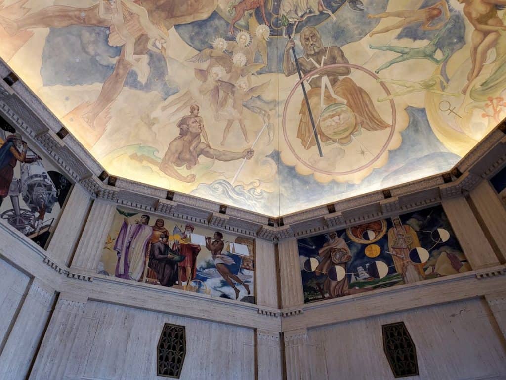 The ceiling and murals inside the Griffith Park Observatory