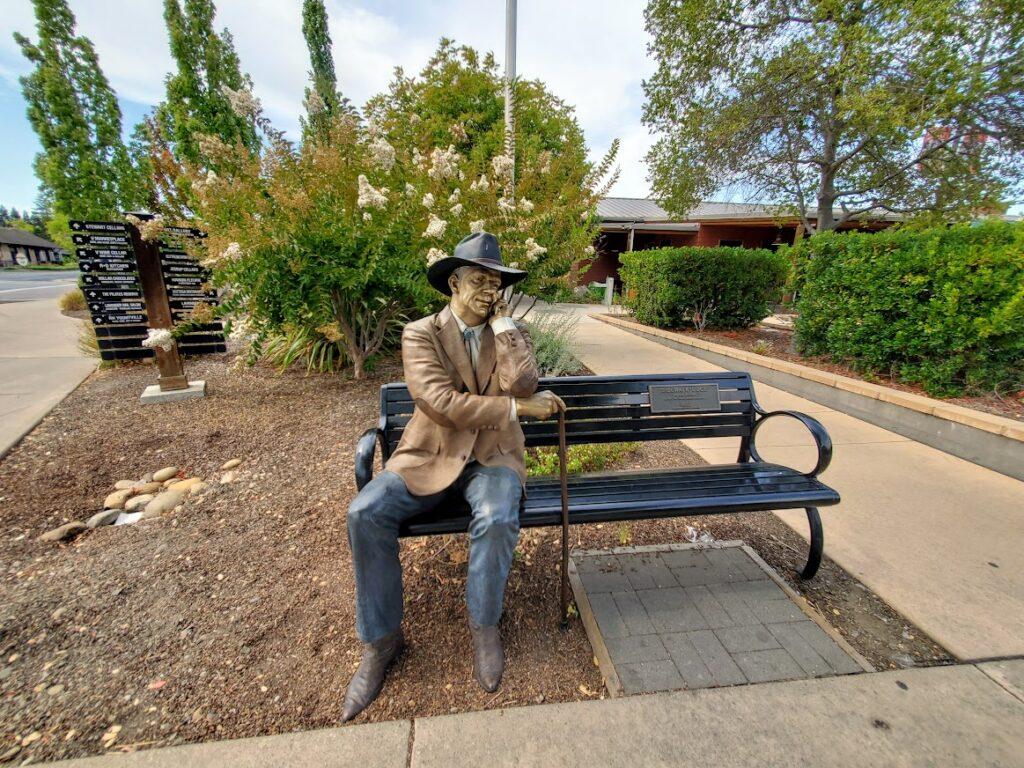 Judge sitting on bench sculpture downtown Yountville, CA.