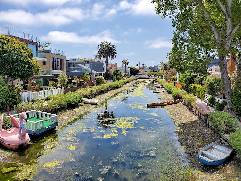 Venice Canals Los Angeles with pink flamingo
