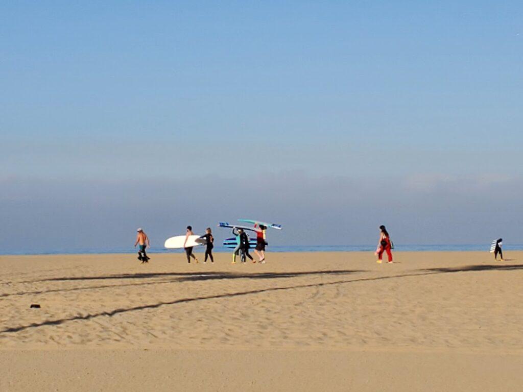 Surfers hitting the water at Venice Beach.