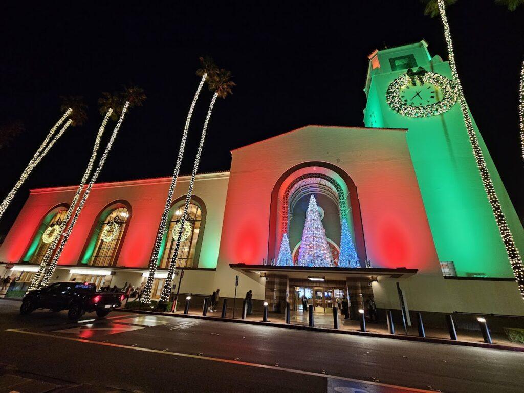 Los Angeles Union Station lit up for the holidays.