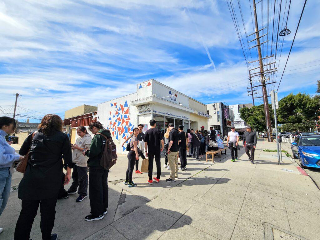 People lined up at a restaurant at Sawtelle Japantown.