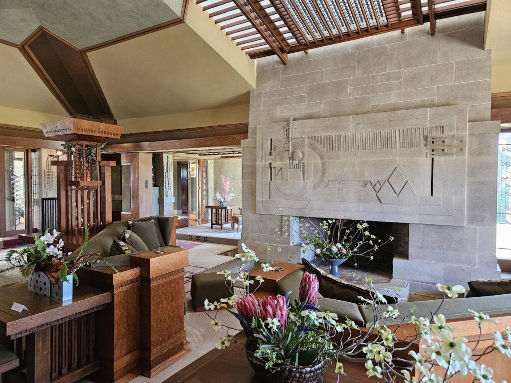 Living room of Hollyhock House in Barnsdall Park designed by Frank Lloyd Wright.