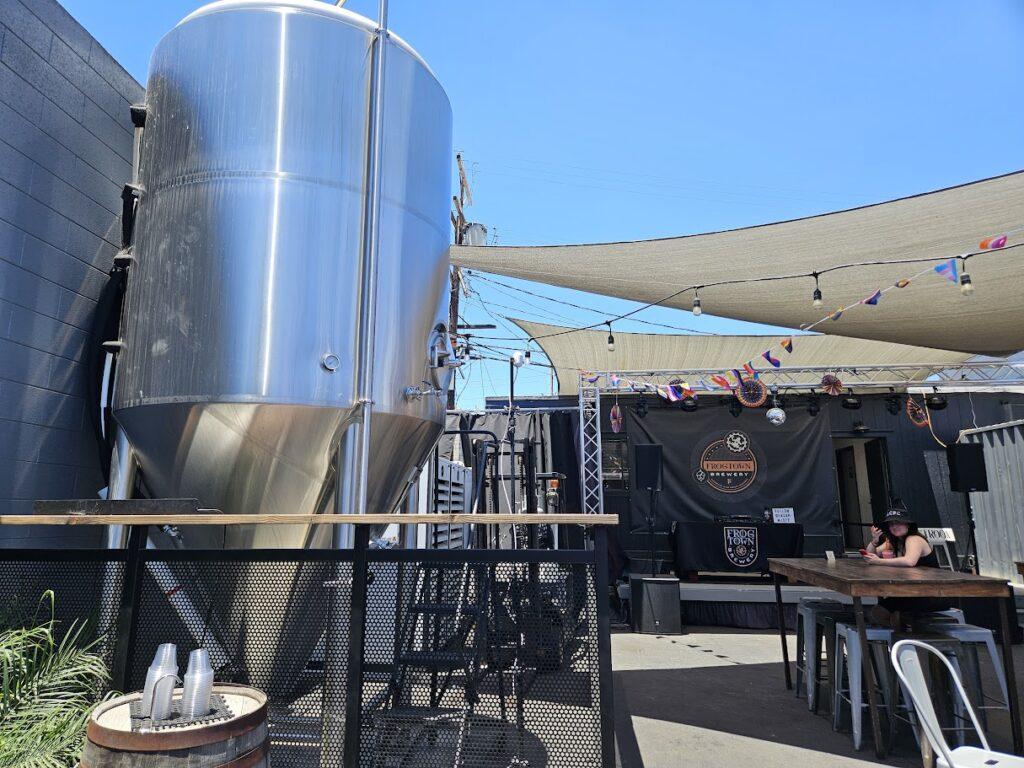 Beer vats and stage at Frogtown Brewery