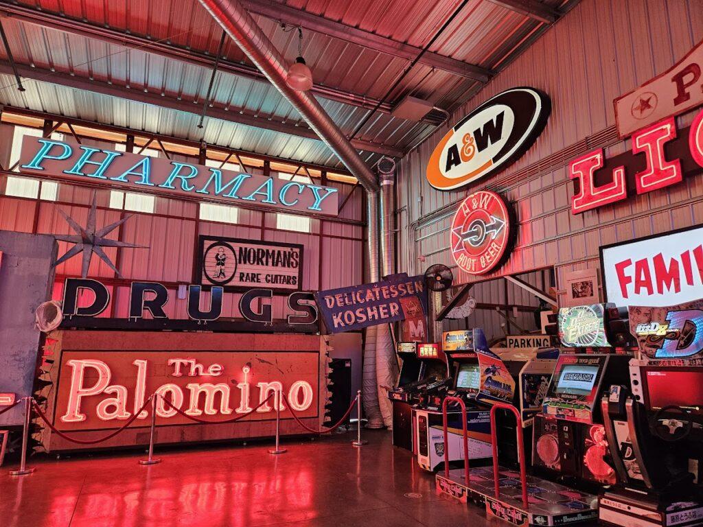 Neon and business signs from defunct establishments in the San Fernando Valley, Los Angeles.