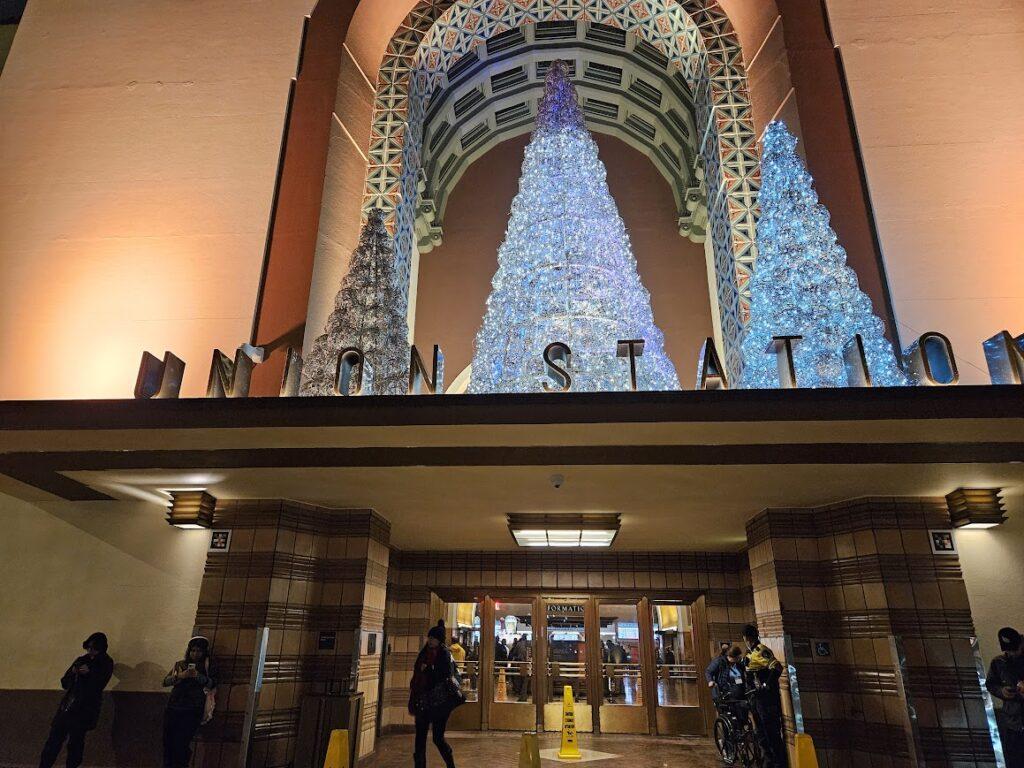 Union Station entrance with Christmas trees