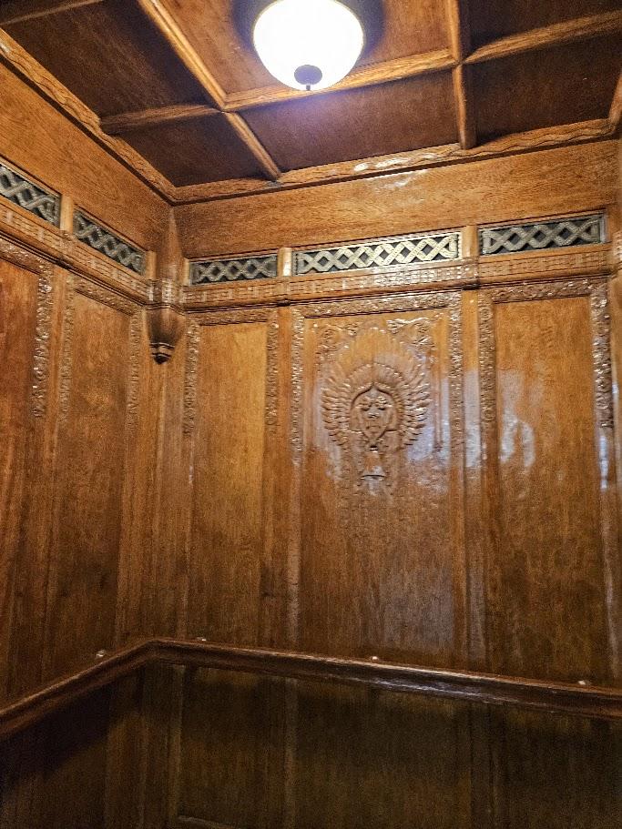 Interior of the elevators of the Oviatt building in downtown Los Angeles. Wood interior