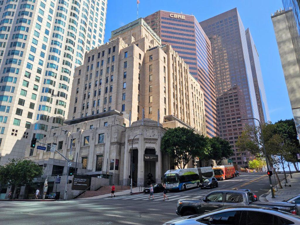 The exterior of the Southern California Edison Building now a bank in Downtown Los Angeles Historic Core.